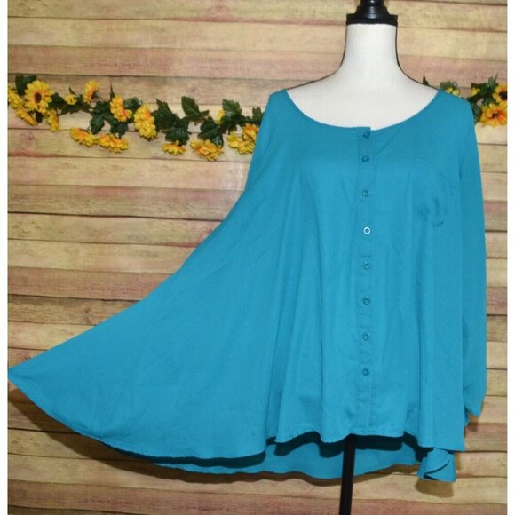 Valerie Stevens Blue Button Front Blouse Size 3X Flowy Chiffon 3/4 Ruched Sleeve - Picture 5 of 11